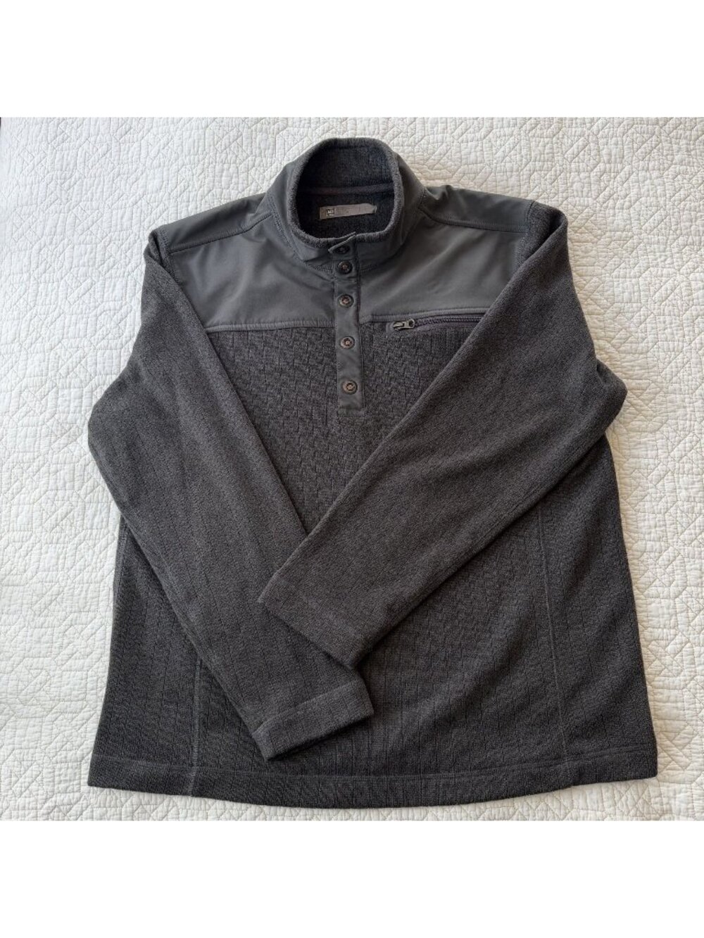 REI Coop Fleece 1/4 Snap Pullover Garage Pocket Dark Gray Ribbed Knit Outdoors